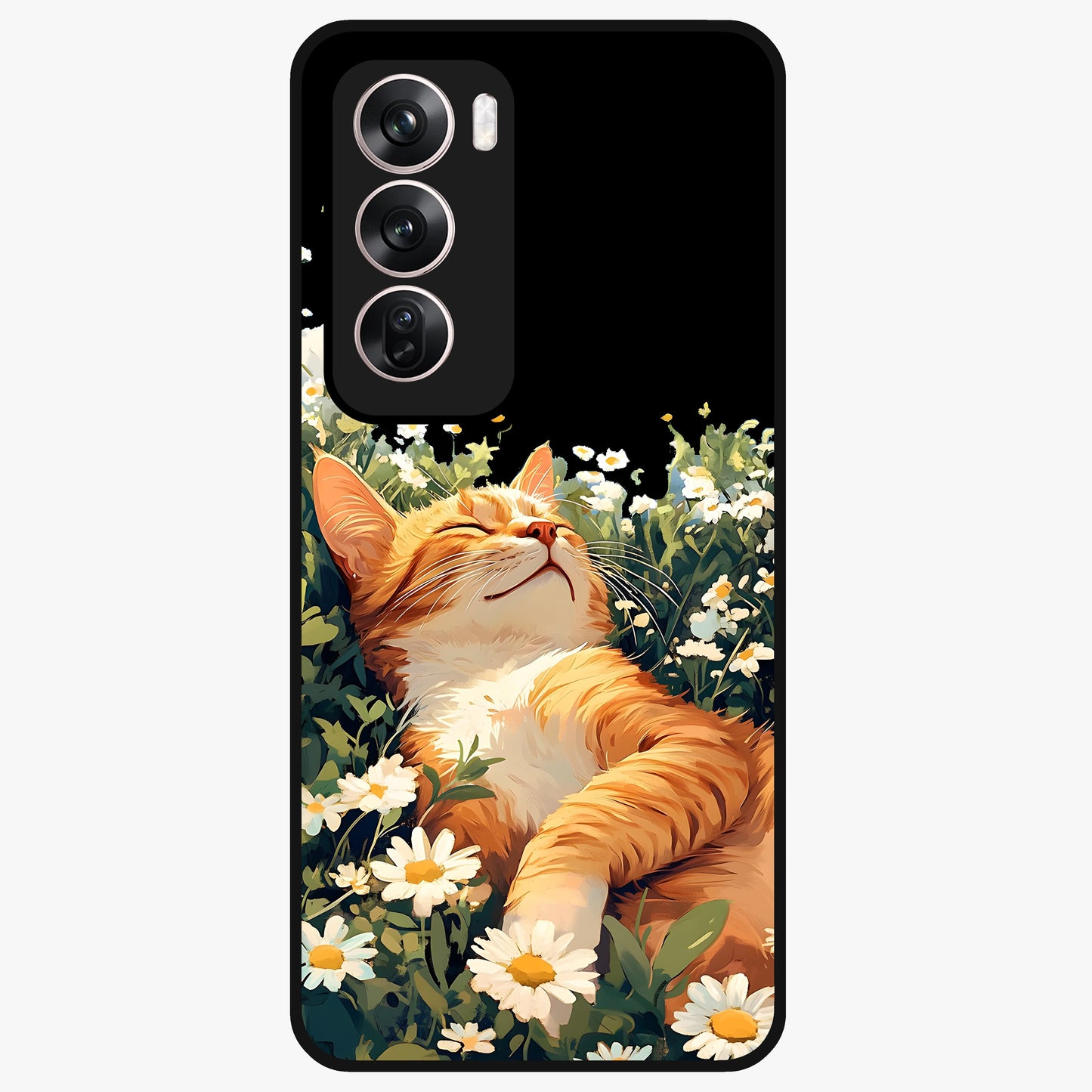 Blissful Bloom Cat Glass Case showing flat back view with cute cat and floral bloom artwork and glossy glass finish.