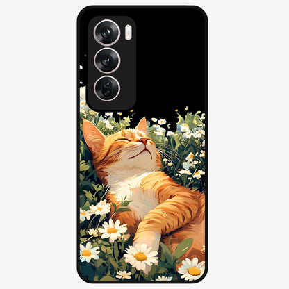 Blissful Bloom Cat Glass Case showing flat back view with cute cat and floral bloom artwork and glossy glass finish.