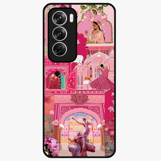Blossoms of Rajasthan Glass Case showing flat back view with traditional floral artwork inspired by Rajasthan and glossy glass finish.