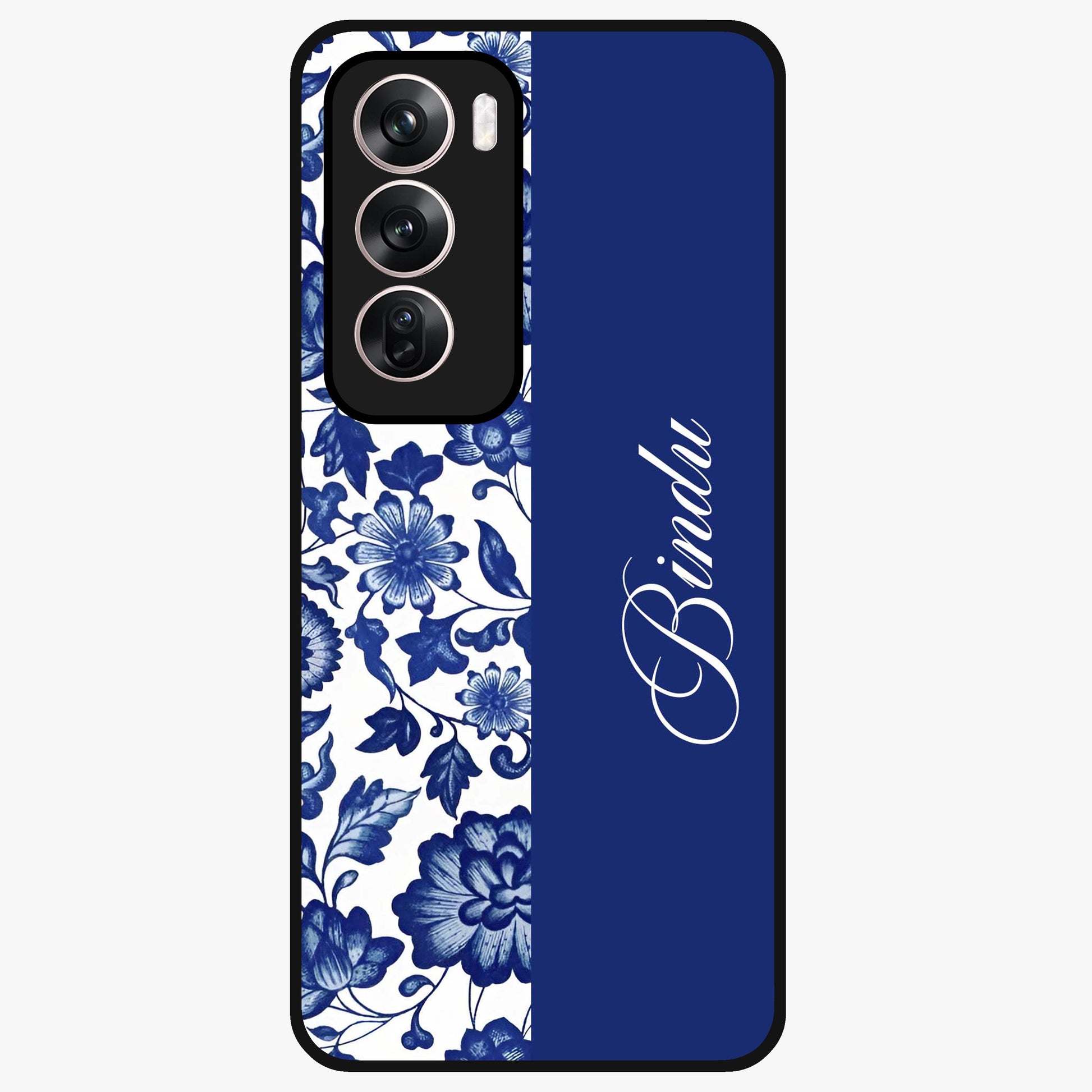 Blue Vintage Floral Pattern Glass Case upright view showcasing timeless floral illustration with vintage inspired style.
