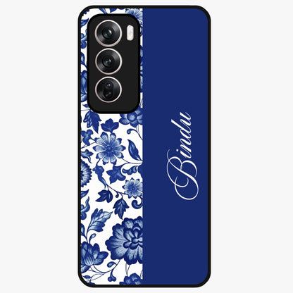 Blue Vintage Floral Pattern Glass Case upright view showcasing timeless floral illustration with vintage inspired style.