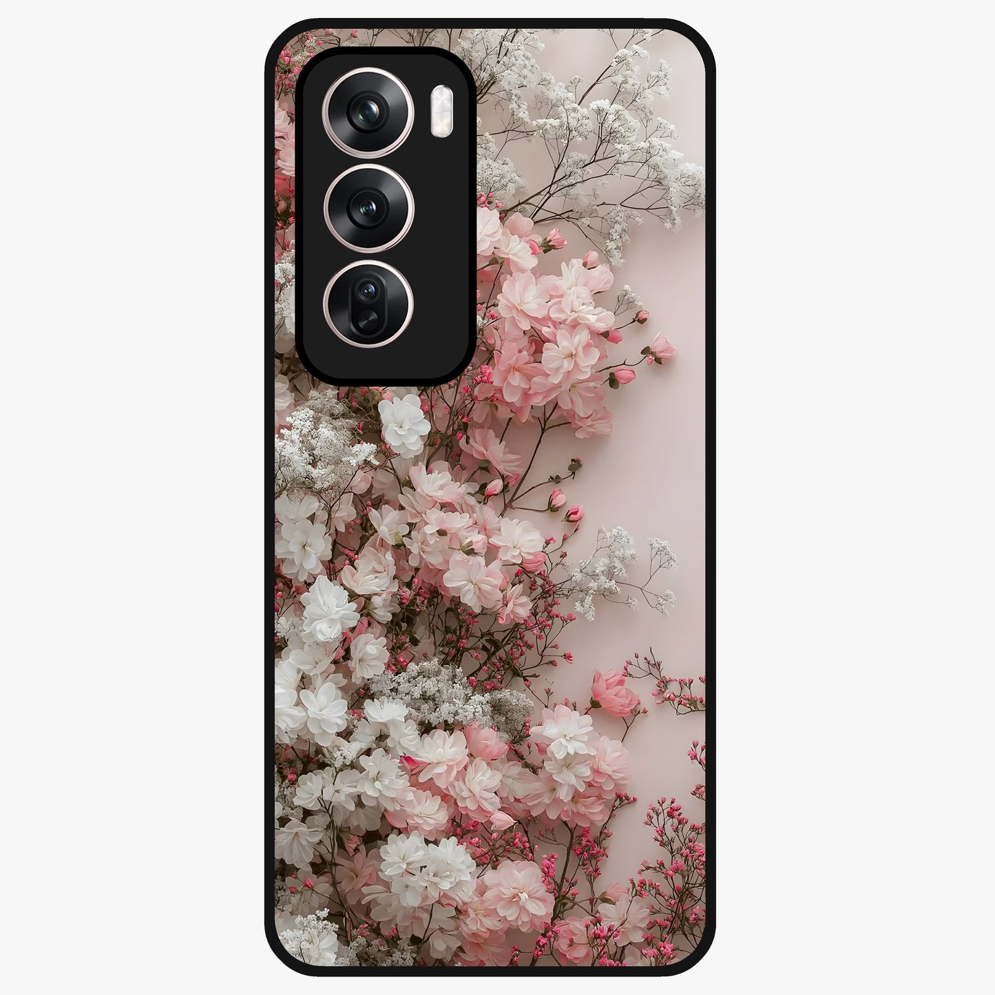 Blush Blossom Cloud Glass Case showing flat back view with dreamy blush cloud blossom artwork and glossy glass finish.