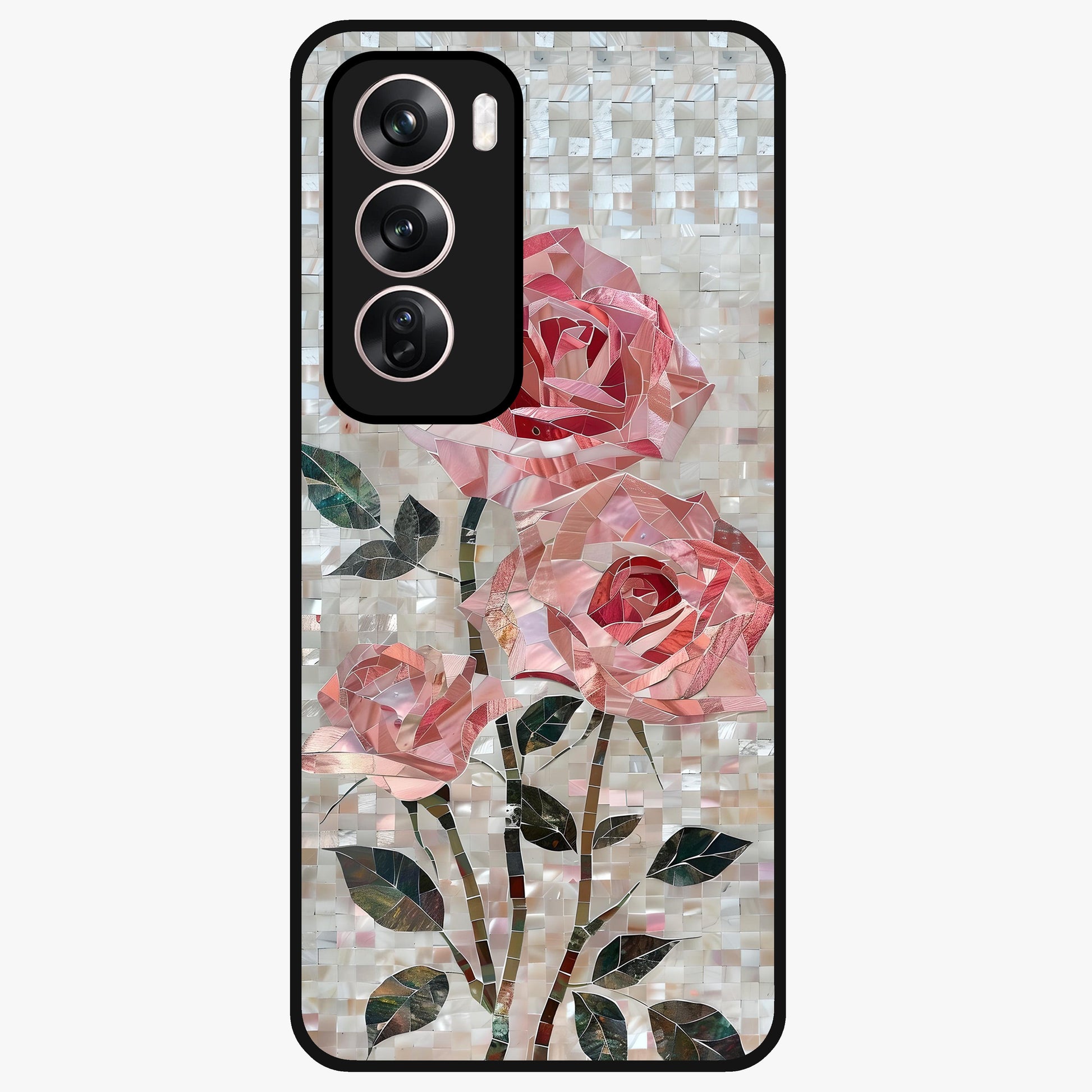 Blush Mosaic Bloom Glass Case showing flat back view with mosaic floral bloom artwork and glossy glass finish.
