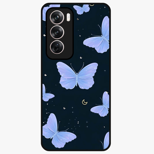 Butterfly With Stars Pattern Glass Case showing flat back view with butterfly and star pattern artwork and glossy glass finish.