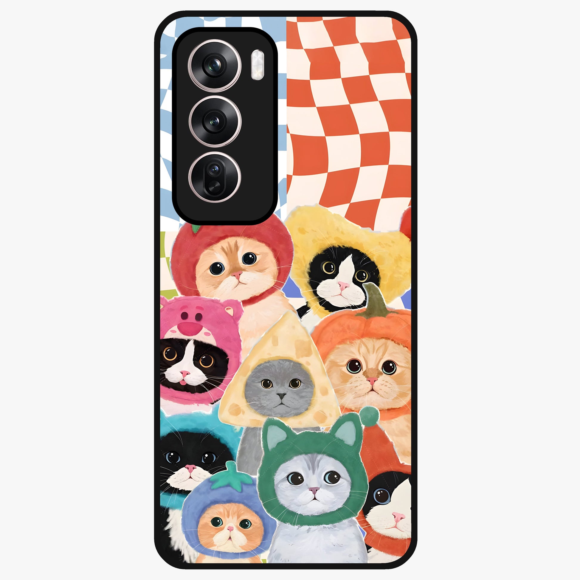 Cats in Fruits Glass Case showing flat back view with playful cat illustrations inside fruit artwork and glossy glass finish.
