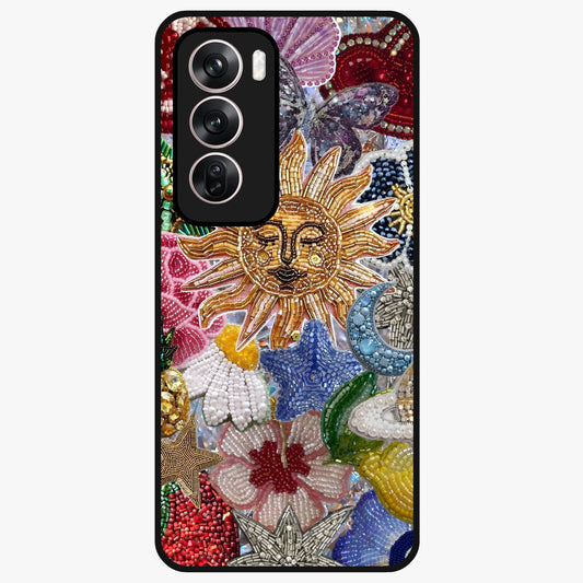 Celestial Floral and Playful Glass Case showing flat back view with floral and celestial themed artwork and glossy glass finish.