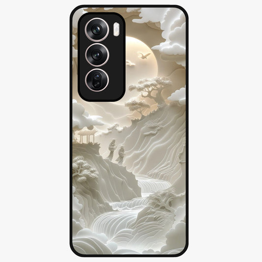 Celestial Origami Glass Case showing flat back view with artistic origami inspired celestial artwork and glossy glass finish.