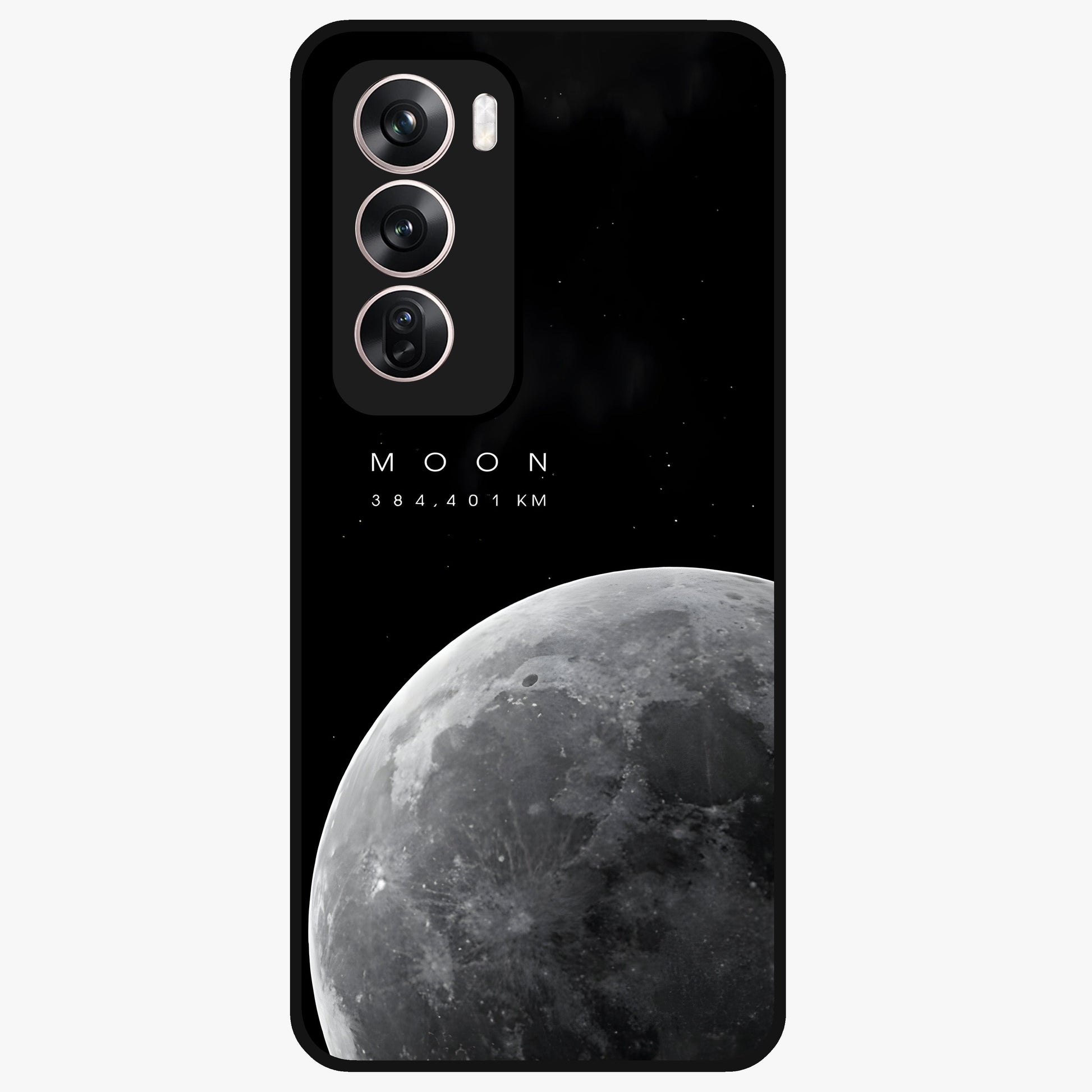 Cosmic Moon Glow Glass Case showing flat back view with glowing moon artwork and glossy glass finish.