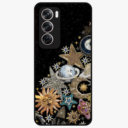 Cosmic Sparkle Dreams Glass Case showing flat back view with sparkling cosmic artwork and glossy glass finish.