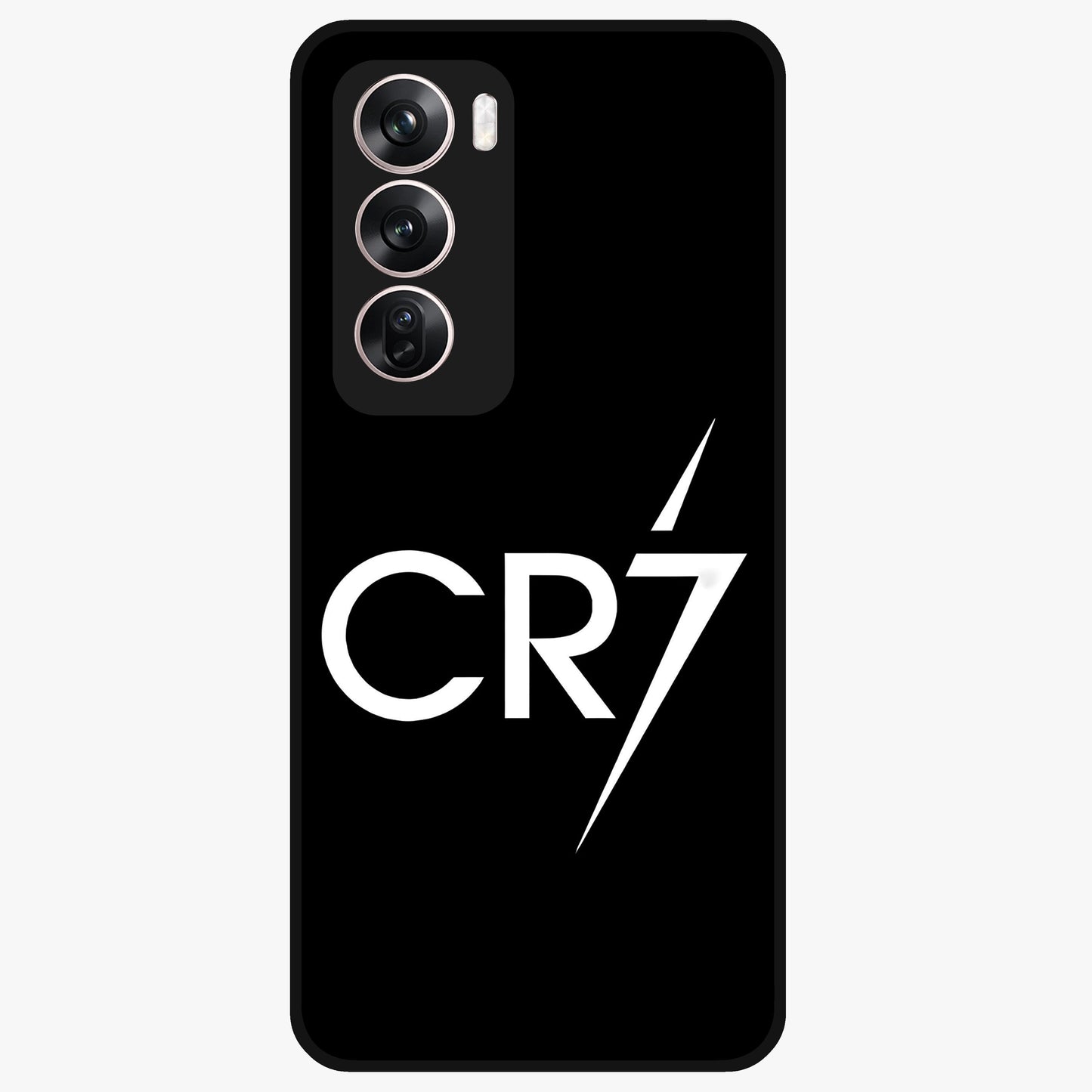Cr7 Elite Strike Glass Case showing flat back view with dynamic football inspired artwork and glossy glass finish.