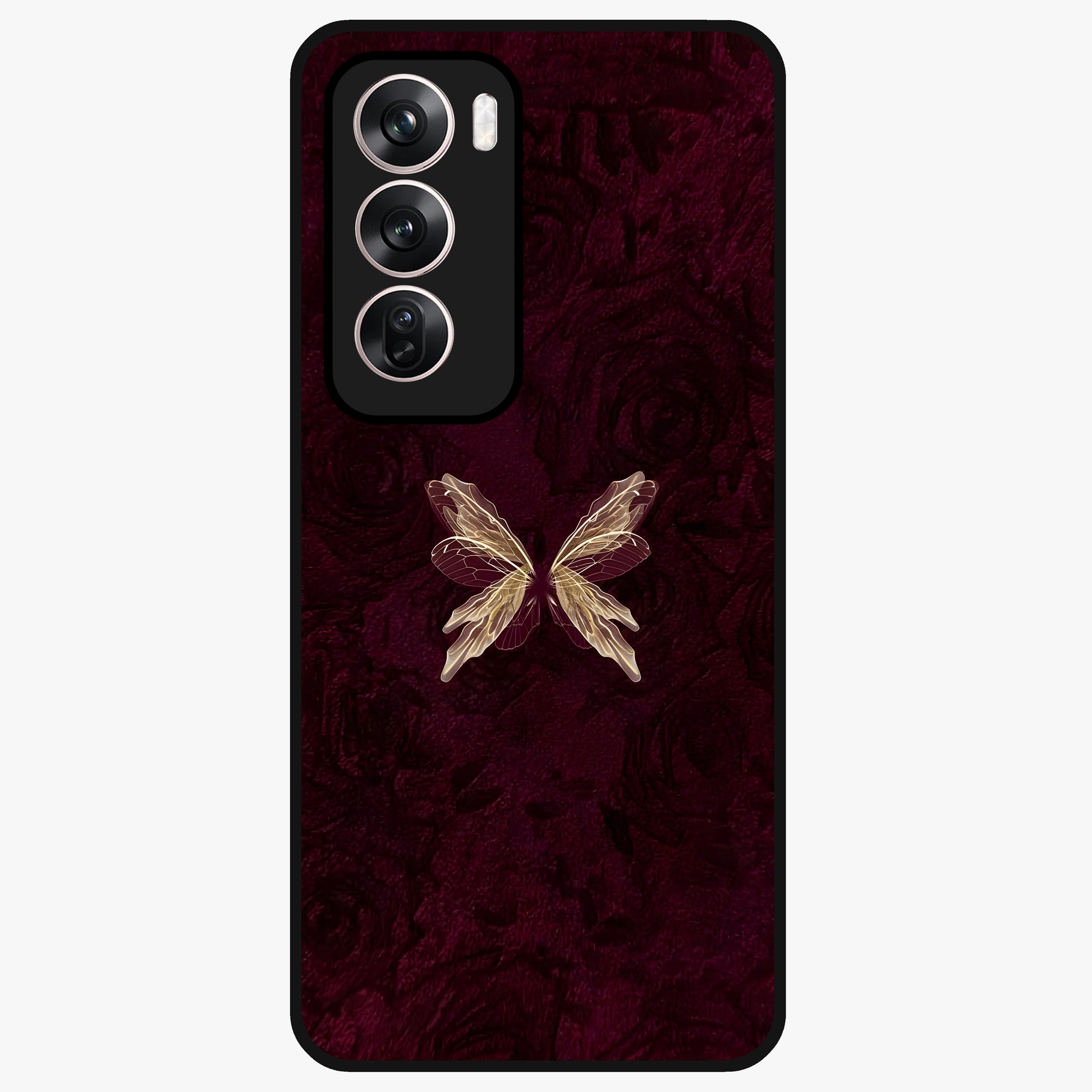 Crimson Fade Butterfly Glass Case showing flat back view with fading butterfly artwork and glossy glass finish.