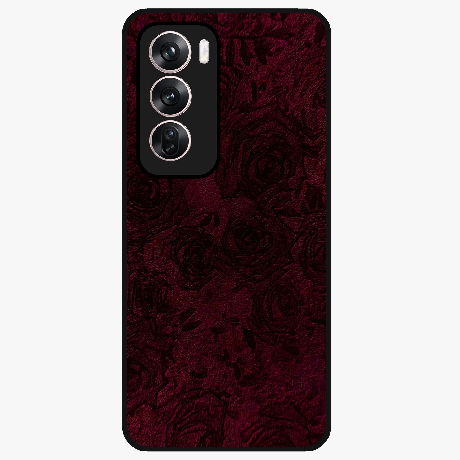 Crimson Fade Flow Glass Case showing flat back view with flowing crimson gradient artwork and glossy glass finish.