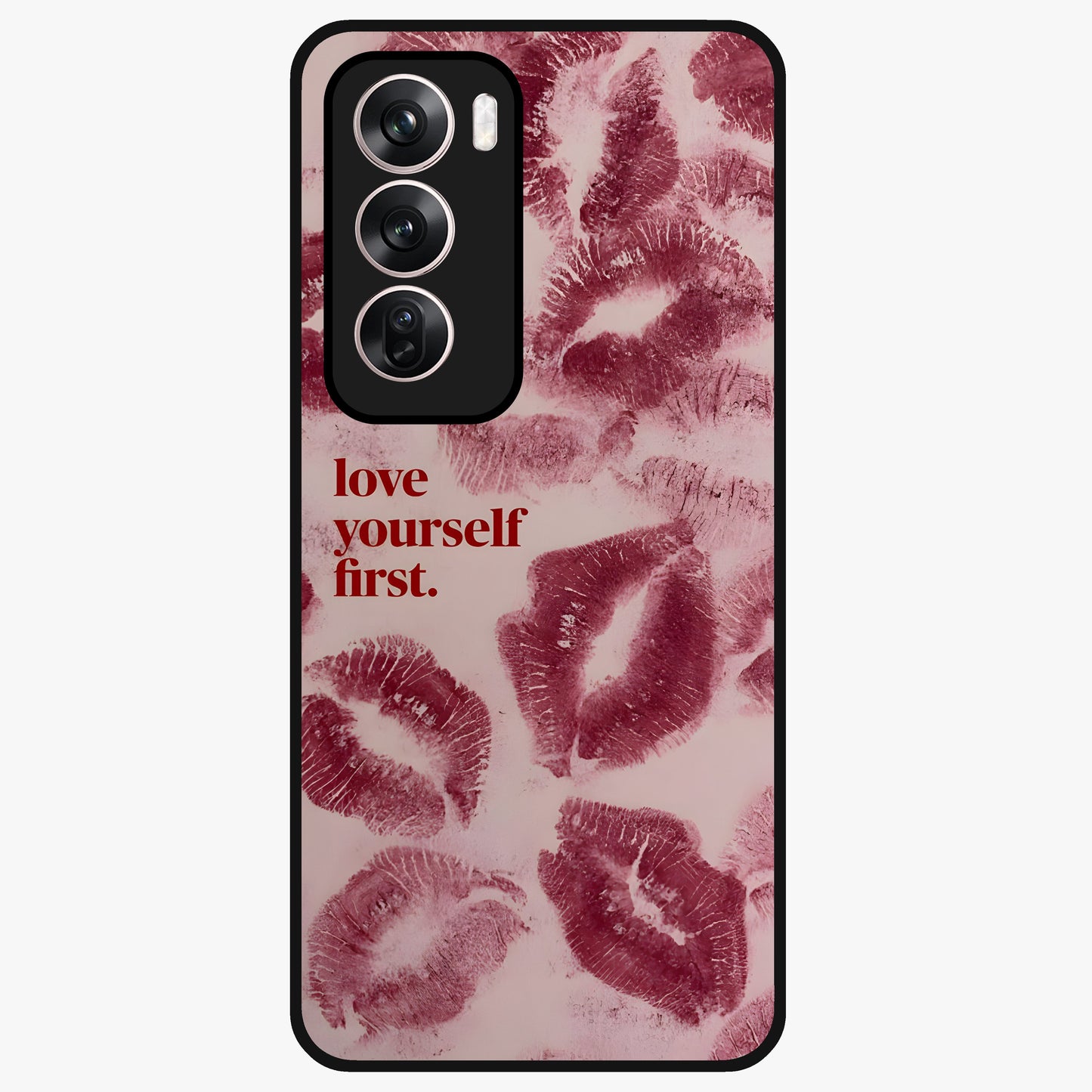 Crimson Kiss Love Glass Case showing flat back view with romantic crimson themed artwork and glossy glass finish.