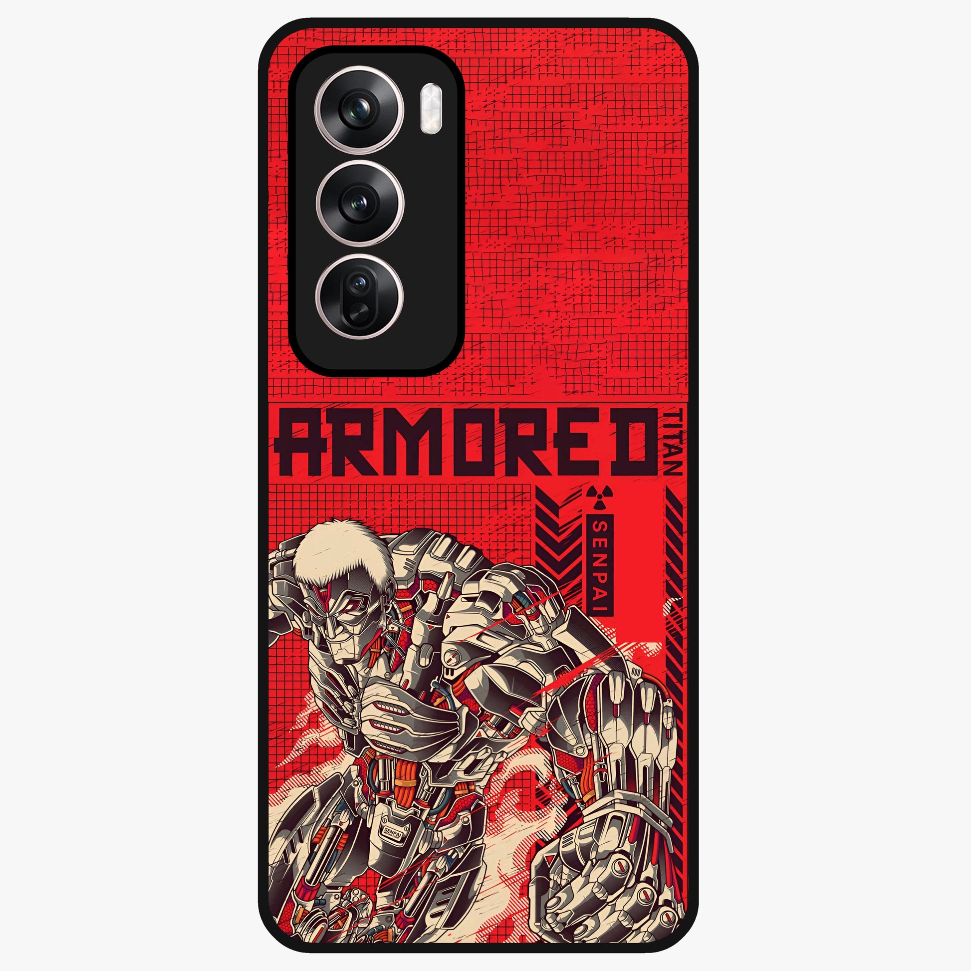 Crimson Mecha Titan Glass Case showing flat back view with powerful mech titan artwork and glossy glass finish.