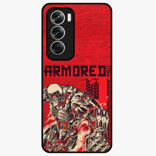 Crimson Mecha Titan Glass Case showing flat back view with powerful mech titan artwork and glossy glass finish.