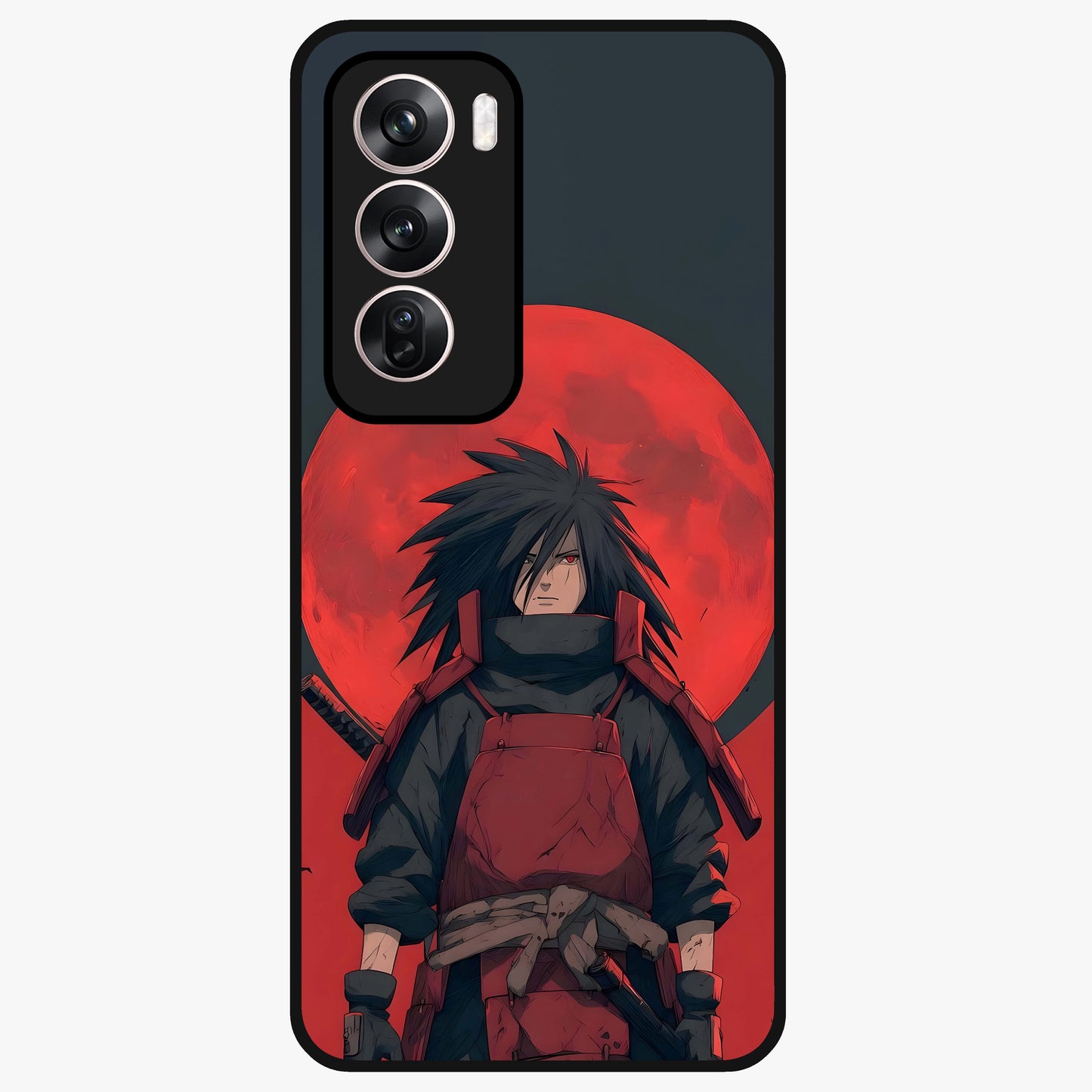 Crimson Moon Warlord Glass Case showing flat back view with mystical moon warrior artwork and glossy glass finish.