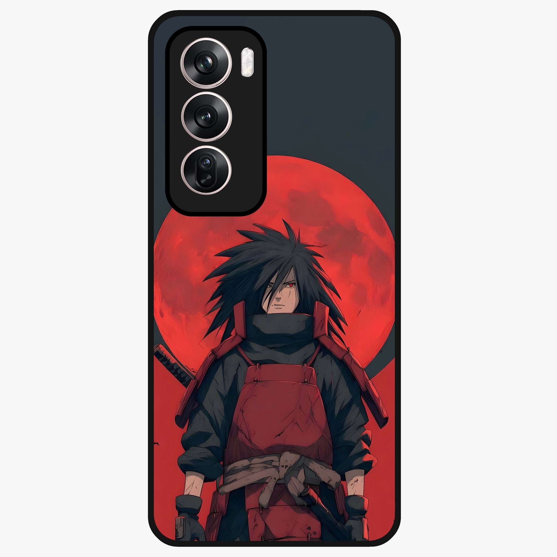 Crimson Moon Warlord Glass Case showing flat back view with mystical moon warrior artwork and glossy glass finish.