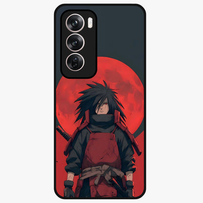 Crimson Moon Warlord Glass Case showing flat back view with mystical moon warrior artwork and glossy glass finish.