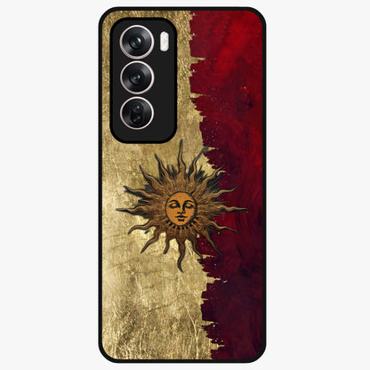 Crimson Sun Majesty Glass Case showing flat back view with radiant sun inspired artwork and glossy glass finish.