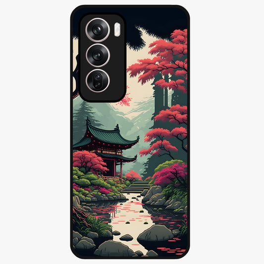 Crimson Temple View Glass Case showing flat back view with temple inspired artwork and glossy glass finish.