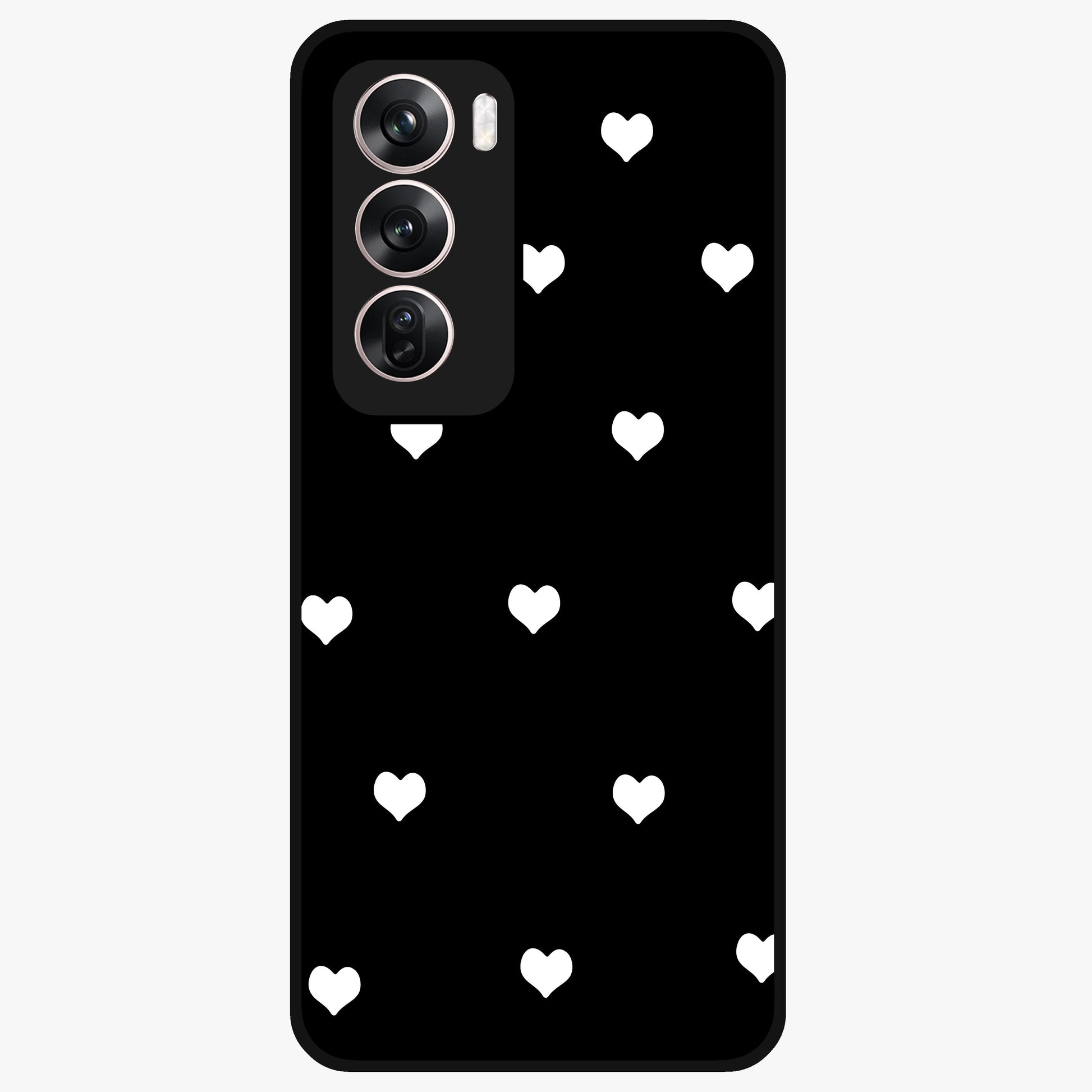 Cute And Simple White Hearts Glass Case showing flat back view with minimal white heart pattern and glossy glass finish.
