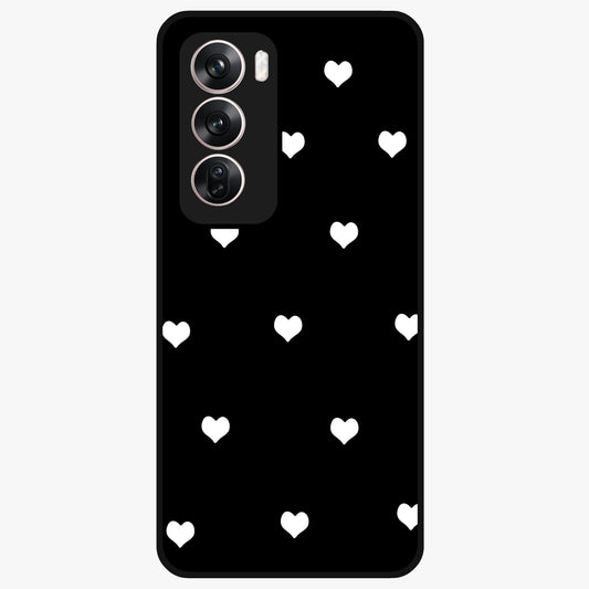 Cute And Simple White Hearts Glass Case showing flat back view with minimal white heart pattern and glossy glass finish.