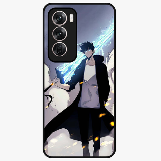 Dark Lightning Anime Warrior Glass Case showing flat back view with intense anime warrior artwork and glossy glass finish.