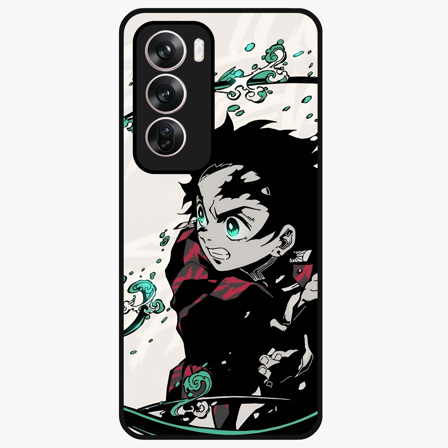 Demon Slayer Glass Case showing flat back view with bold anime inspired artwork and glossy glass finish.