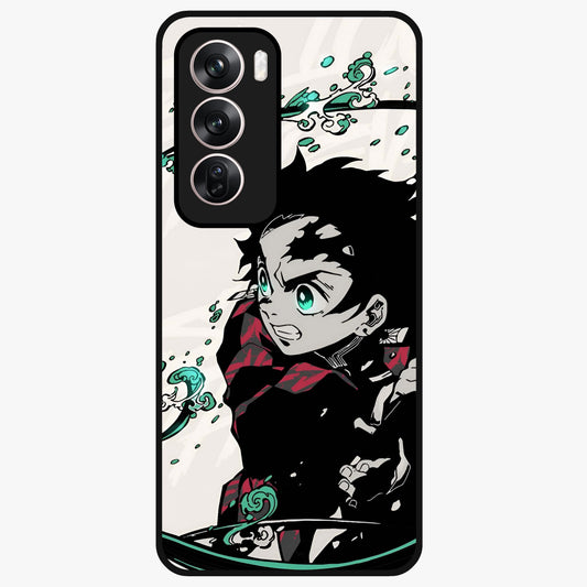 Demon Slayer Glass Case showing flat back view with bold anime inspired artwork and glossy glass finish.