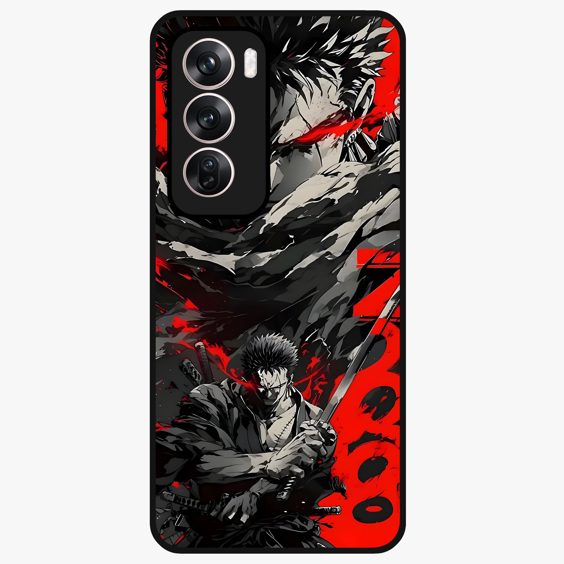 Demon Sword Resolve Glass Case showing flat back view with fierce sword warrior artwork and glossy glass finish.