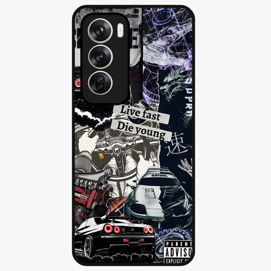 Die Young Glass Case showing flat back view with bold artistic typography design and glossy glass finish.