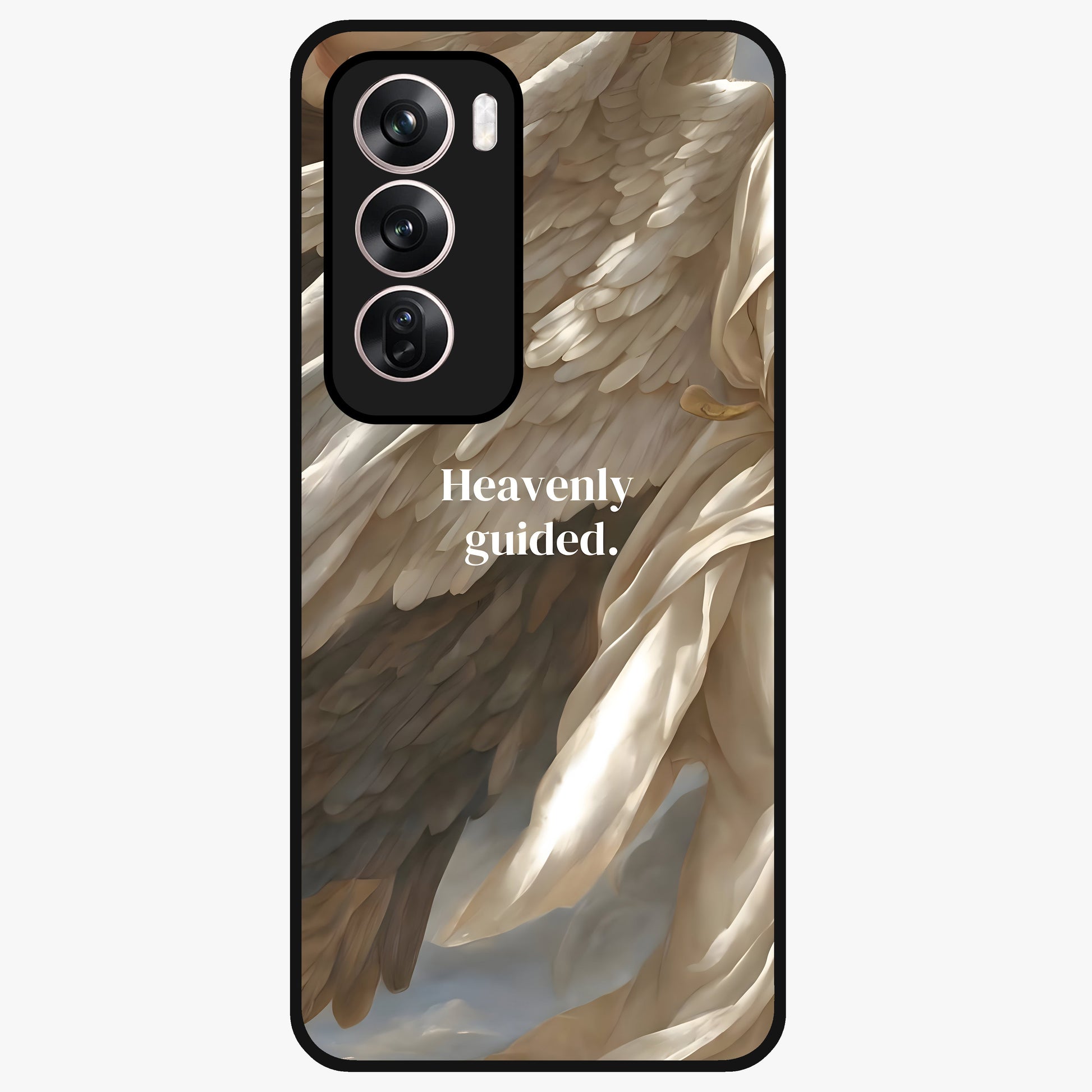 Divine Winged Grace Glass Case showing flat back view with elegant wing inspired artwork and glossy glass finish.