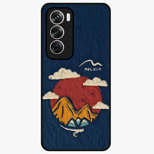 Dream Beyond Mountains Glass Case showing flat back view with scenic mountain landscape artwork and glossy glass finish.