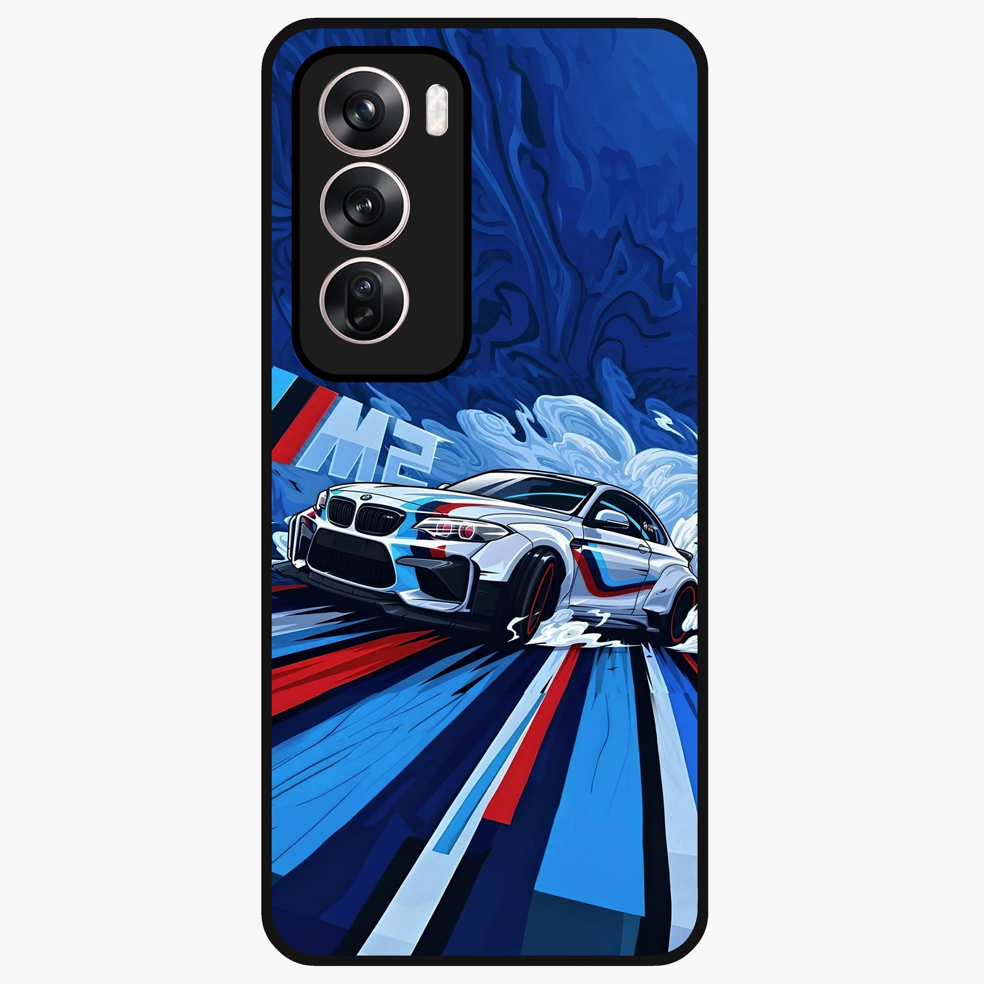 Drift Power Rush Glass Case showing flat back view with dynamic racing inspired artwork and glossy glass finish.