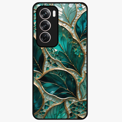 Emerald Leaf Glass Glass Case showing flat back view with emerald green leaf artwork and glossy glass finish.
