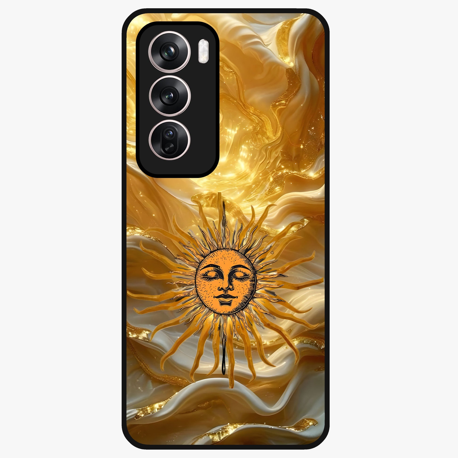 Eternal Golden Glow Glass Case showing flat back view with radiant golden themed artwork and glossy glass finish.