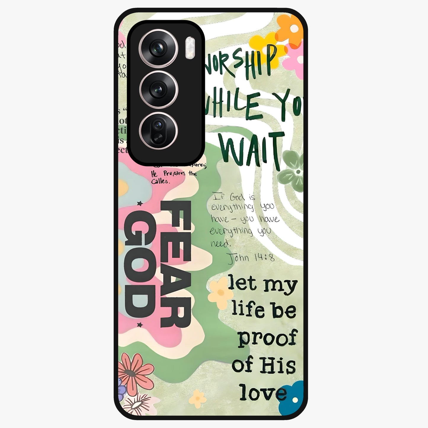 Faith Over Fear Glass Case showing flat back view with motivational typography artwork and glossy glass finish.