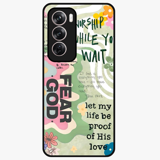 Faith Over Fear Glass Case showing flat back view with motivational typography artwork and glossy glass finish.