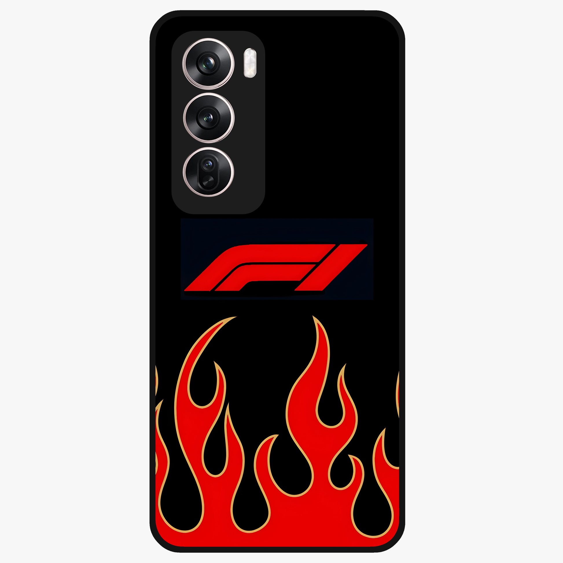 Fire F11 Glass Case showing flat back view with fiery themed artwork and glossy glass finish.