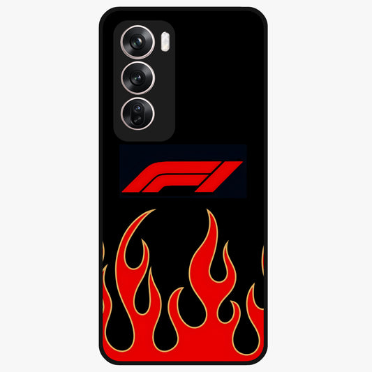 Fire F11 Glass Case showing flat back view with fiery themed artwork and glossy glass finish.