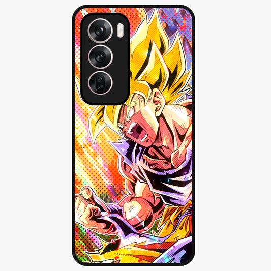 Firing Goku Glass Case showing flat back view with powerful anime inspired artwork and glossy glass finish.