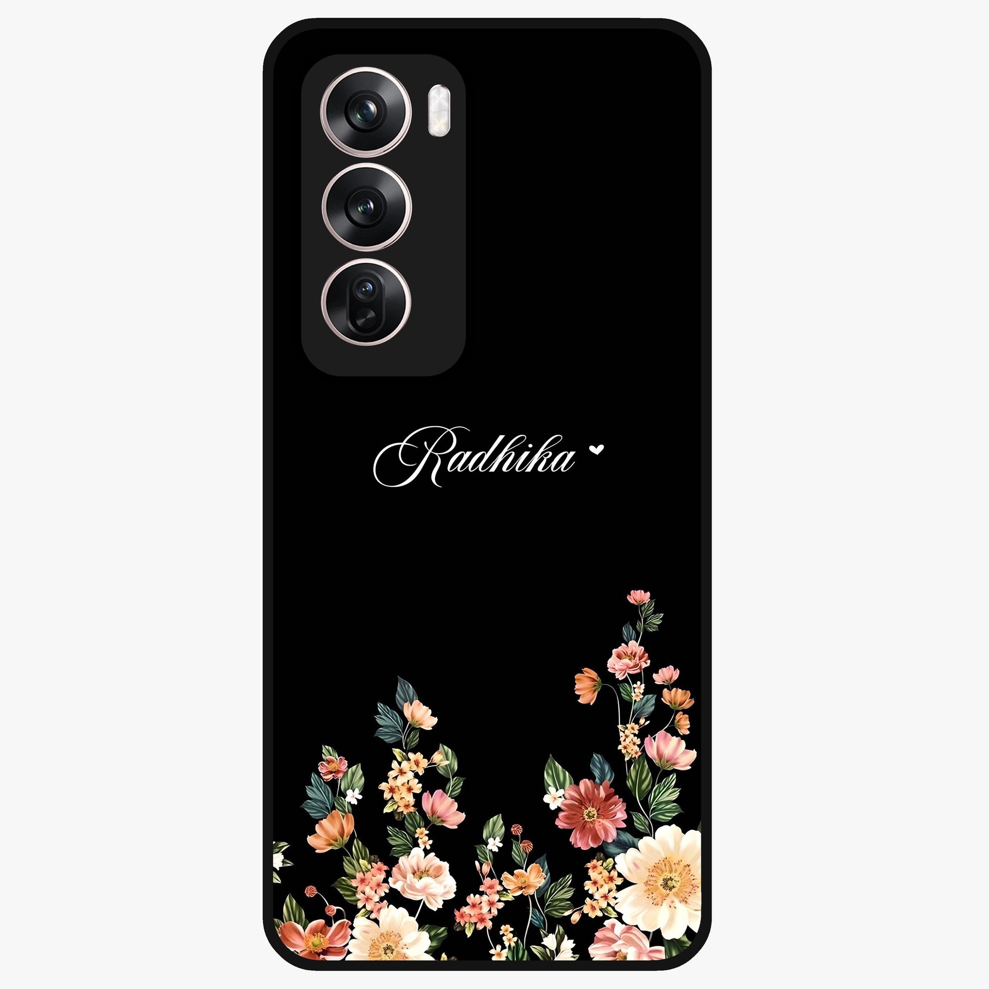 Floral Design With a Custom Personalized Name Glass Case showing flat back view with floral artwork and personalized name design.