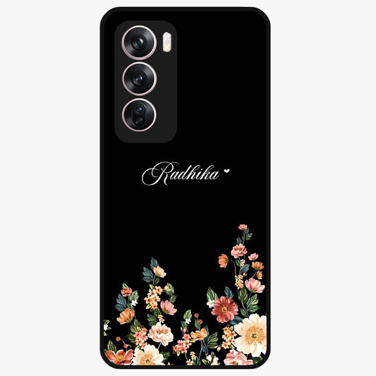 Floral Design With a Custom Personalized Name Glass Case showing flat back view with floral artwork and personalized name design.