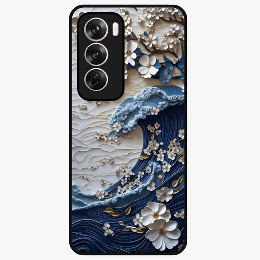 Floral Wave Origami Glass Case showing flat back view with origami inspired floral wave artwork and glossy glass finish.