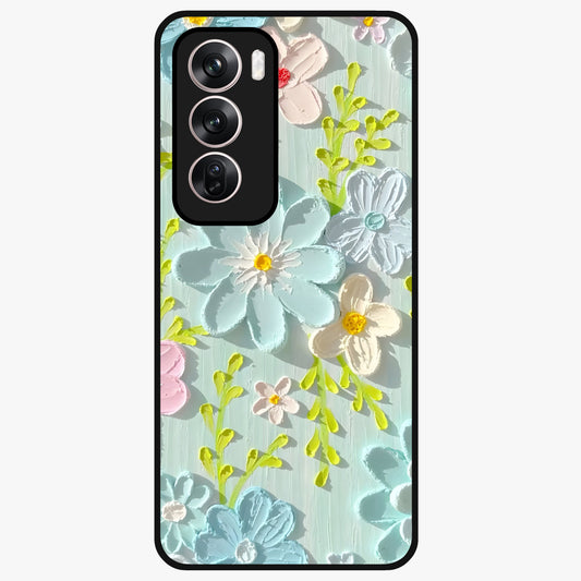 Frosted Petal Garden Glass Case showing flat back view with soft frosted floral artwork and glossy glass finish.