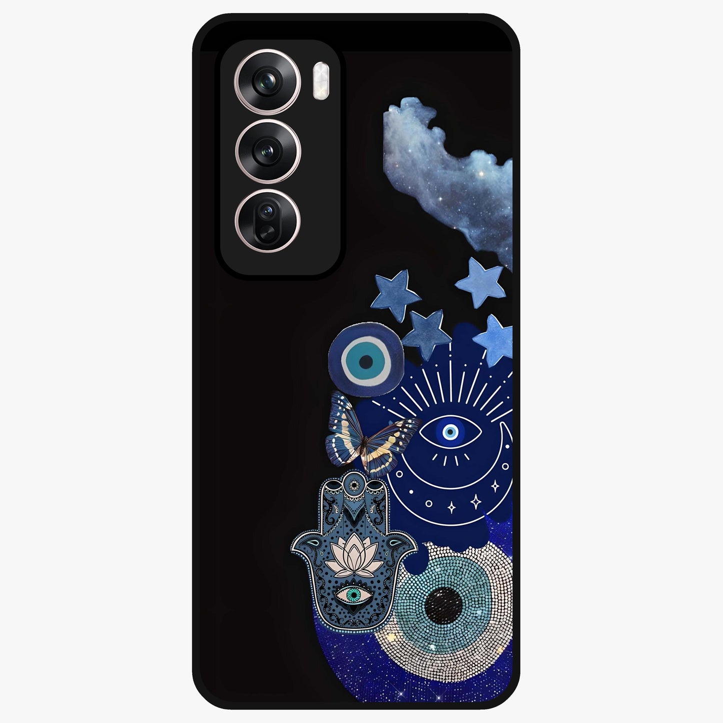 Galactic Charm Cluster Glass Case showing flat back view with glowing celestial charm artwork and glossy glass finish.