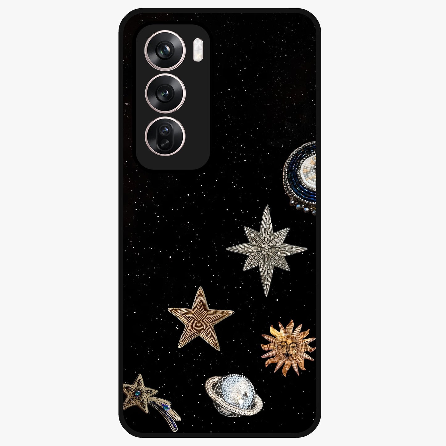 Galactic Charm Glow Glass Case showing flat back view with glowing celestial charm artwork and glossy glass finish.