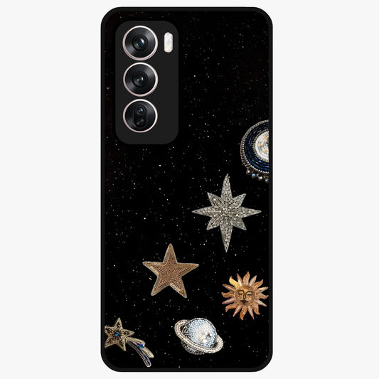 Galactic Charm Glow Glass Case showing flat back view with glowing celestial charm artwork and glossy glass finish.