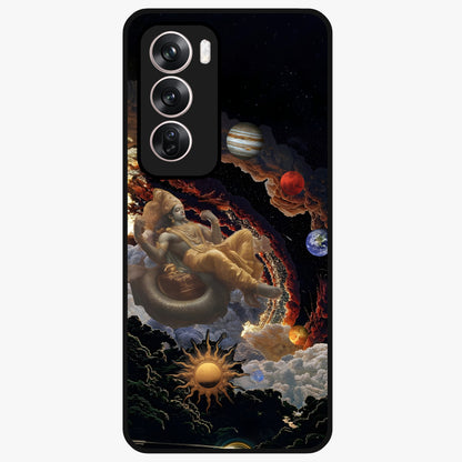 Galactic Divine God Glass Case showing flat back view with divine cosmic themed artwork and glossy glass finish.