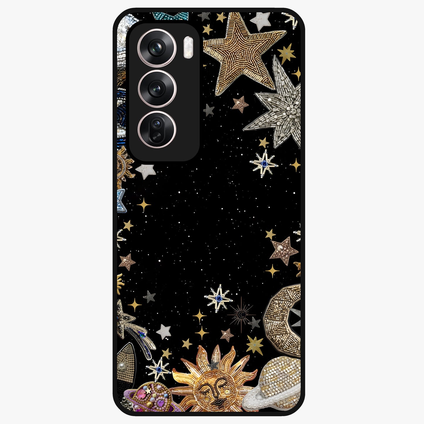 Galactic Jewel Stars Glass Case showing flat back view with sparkling star jewel artwork and glossy glass finish.